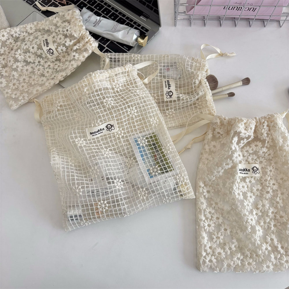레이스 자수 데이지 메쉬 드로스트링 메이크업 가방 여름 - Cosmetic Bags 리뷰 및 가격